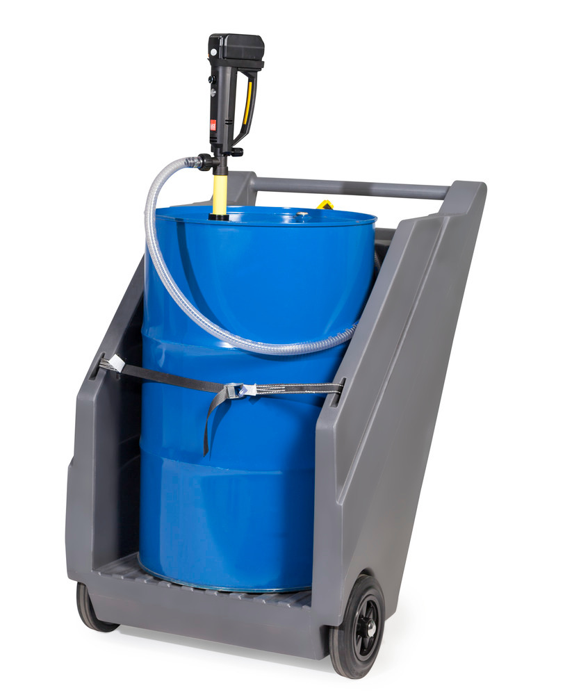 Mobilt pumpesystem til syrer / kemikalier, med tromlevogn af PE og batteridrevet tromlepumpe af PP - 1