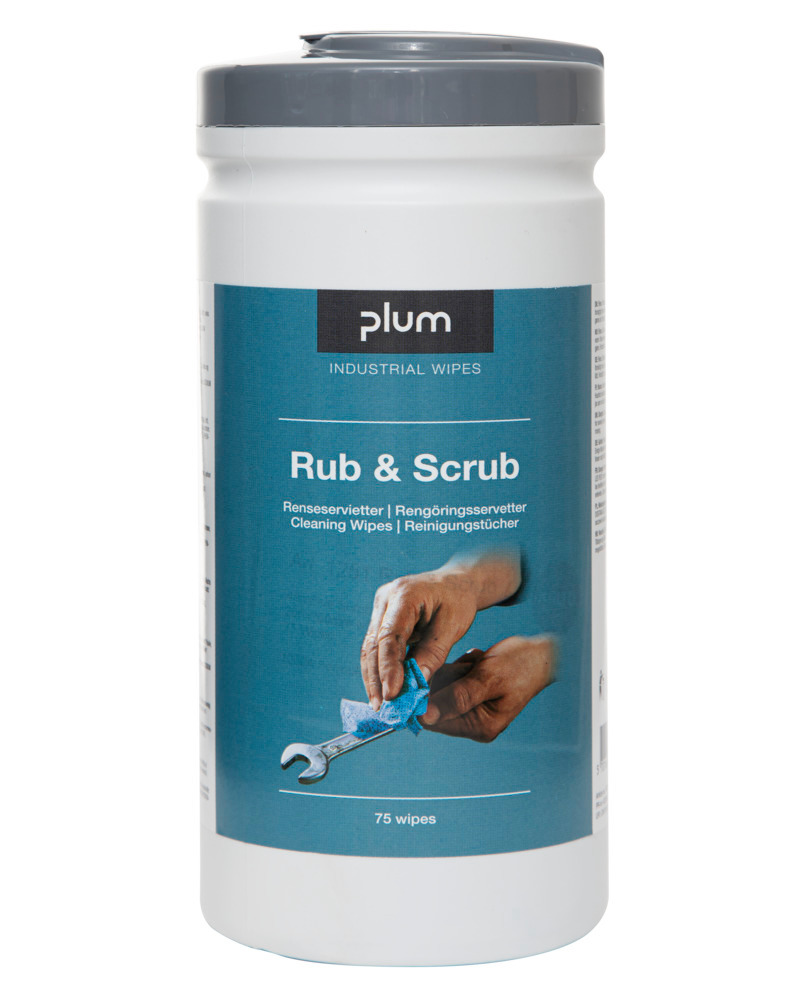 PLUM nedves törlőkendő Rub & Scrub, oldószermentes, 6 db adagoló dobozban 75 törlőkendő/doboz - 1