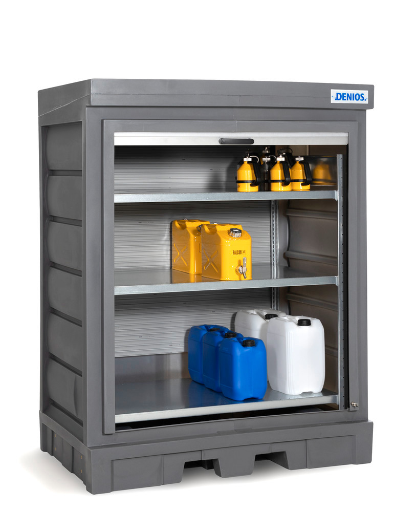 PolySafe hazardous materials depot D, with roller shutter and steel shelf for small containers - 1