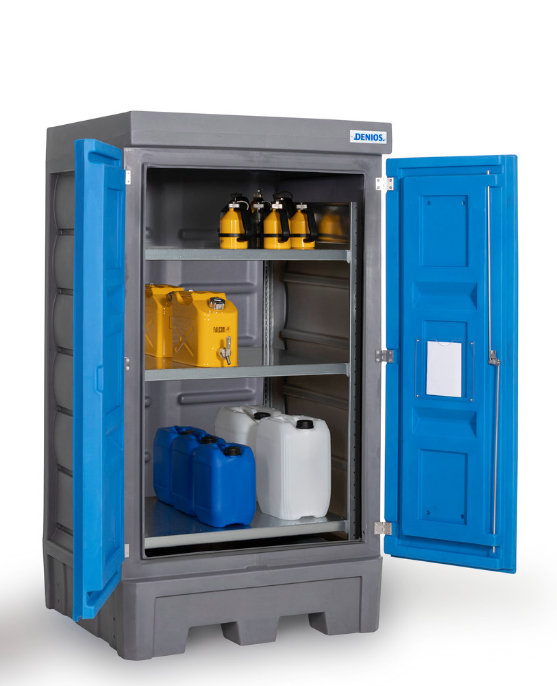 Depósito PolySafe D1, con puertas y estantería de acero para recipientes pequeños