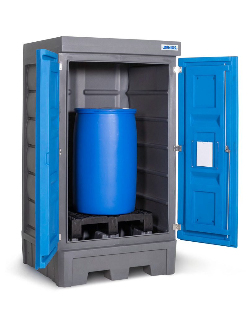 Depósito para productos químicos PolySafe D1 con puertas, para almacenar 1 bidón de hasta 200 litros - 1