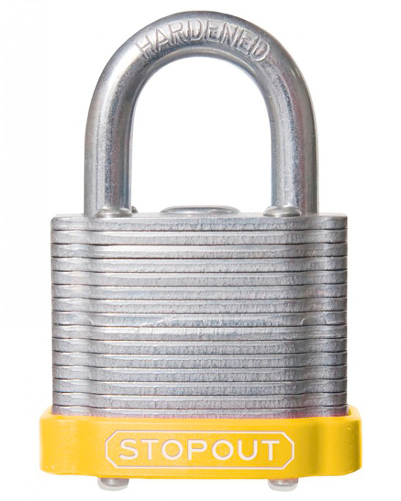 STOPOUT® Laminated Steel Padlocks-Yellow-Shackle Clearance Ht.: 3/4" Keyed Alike, Master Keyed - 1