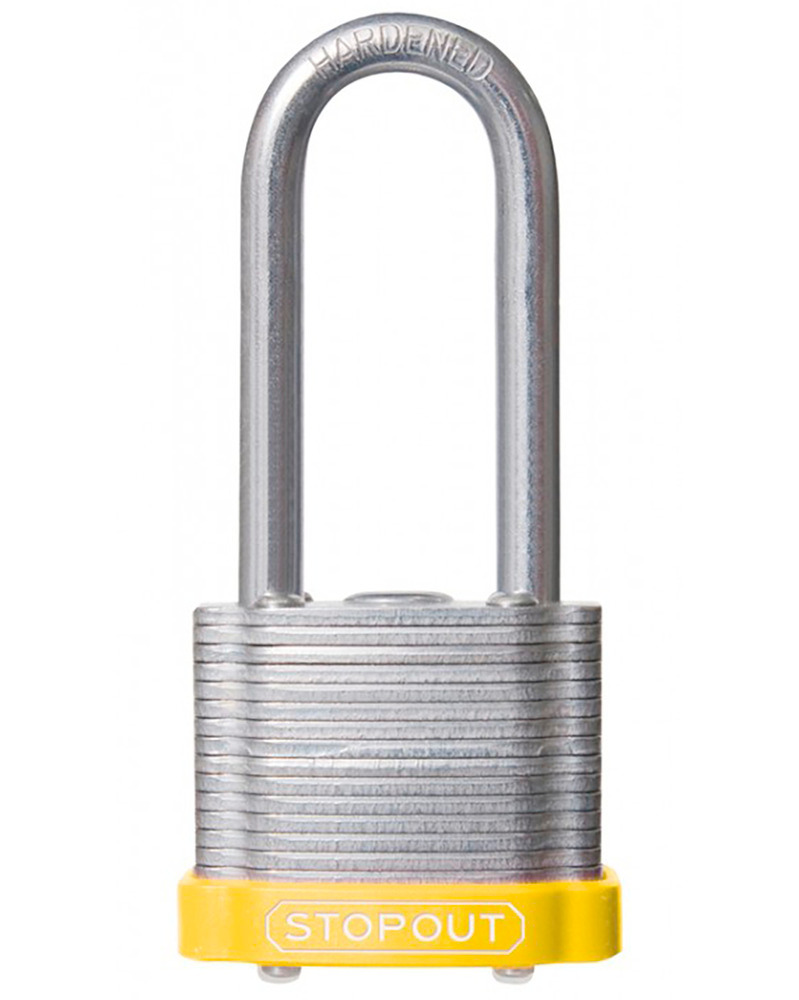 STOPOUT® Laminated Steel Padlocks-Yellow-Shackle Clearance Ht.: 2" Keyed Differently, Master Keyed - 1