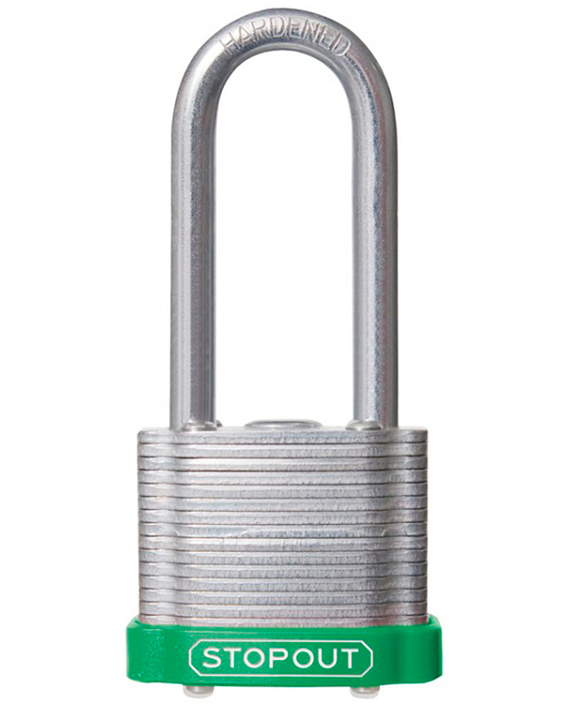 STOPOUT® Laminated Steel Padlocks-Green-Shackle Clearance Ht.: 2" Keyed Differently, Master Keyed - 1