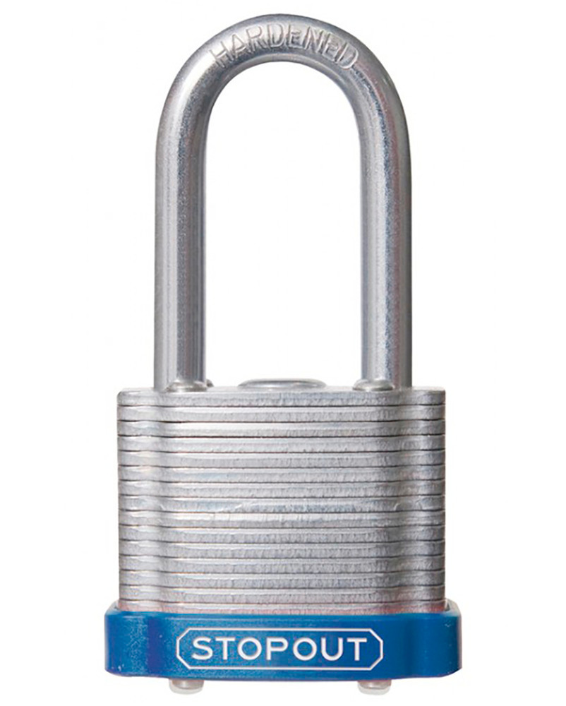STOPOUT® Laminated Steel Padlocks-Blue-Shackle Clearance Ht.: 1 1/2" Keyed Differently, Master Keyed - 1