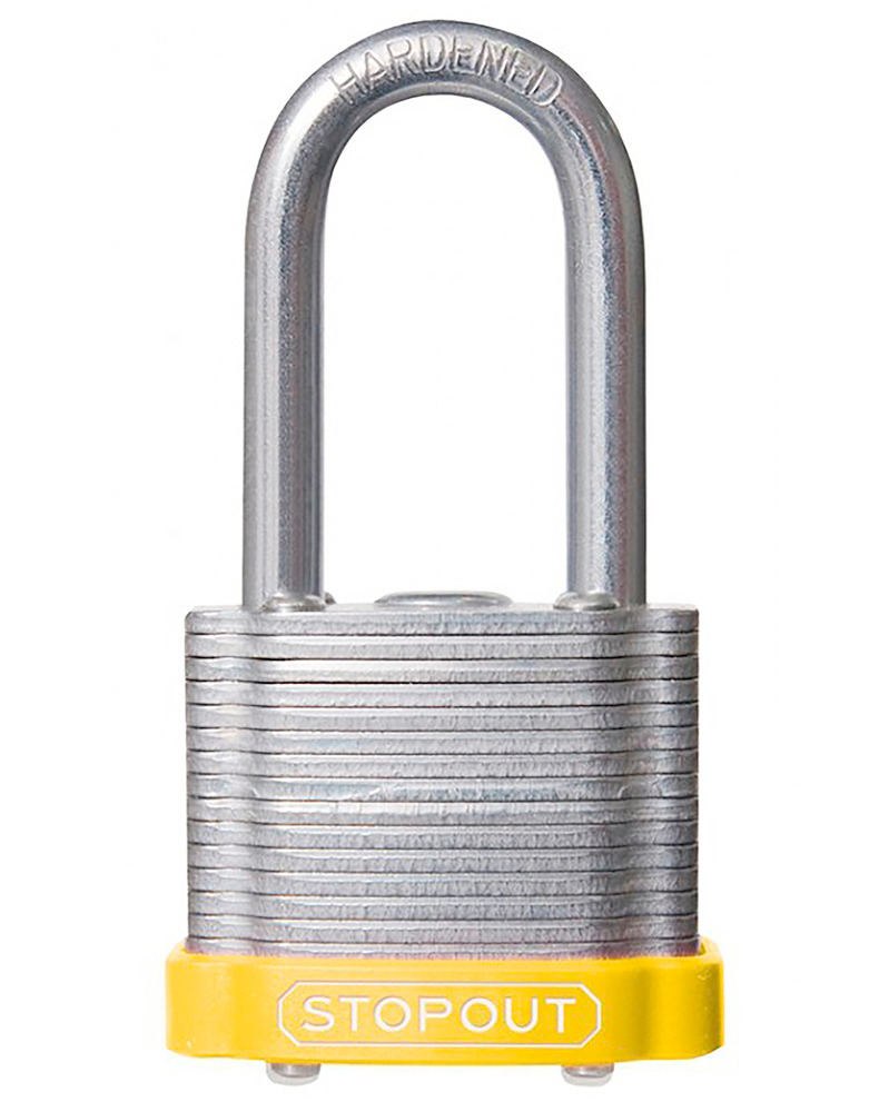 STOPOUT® Lamin. Steel Padlocks-Yellow-Shackle Clearance Ht.: 1 1/2" Keyed Differntly.,Master Keyed - 1