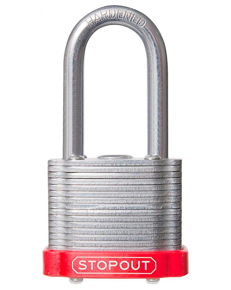 STOPOUT® Laminated Steel Padlocks-Red-Shackle Clearance Ht.: 1 1/2" Keyed Differently, Master Keyed - 1