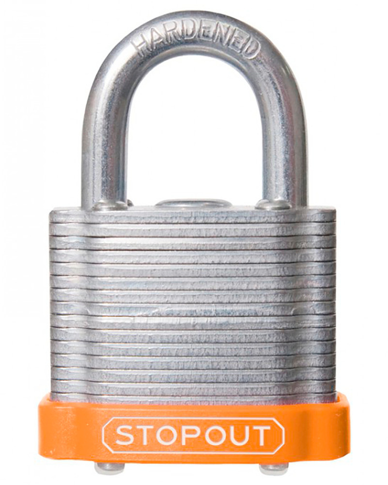 STOPOUT® Laminated Steel Padlocks-Orange-Shackle Clearance Ht.: 3/4" Keyed Differently, Master Keyed - 1