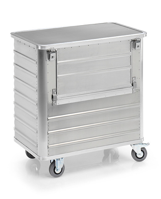 Transport container TW 360-B, with lid, fold-down flap, 2 swivel and 2 fixed wheels, 360 litres - 1