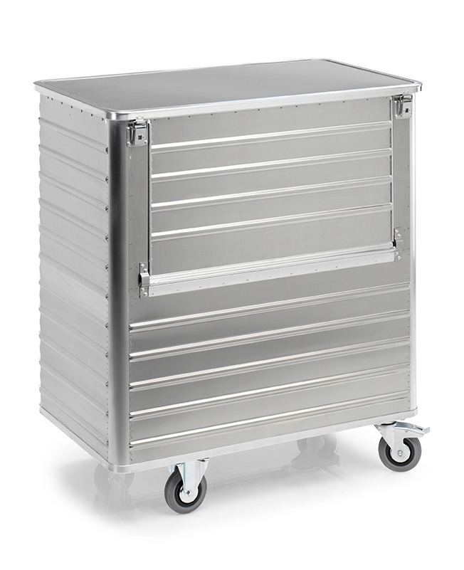 Transport container TW 1050-B, with lid, fold-down flap, 2 swivel and 2 fixed wheels, 1050 litres - 1