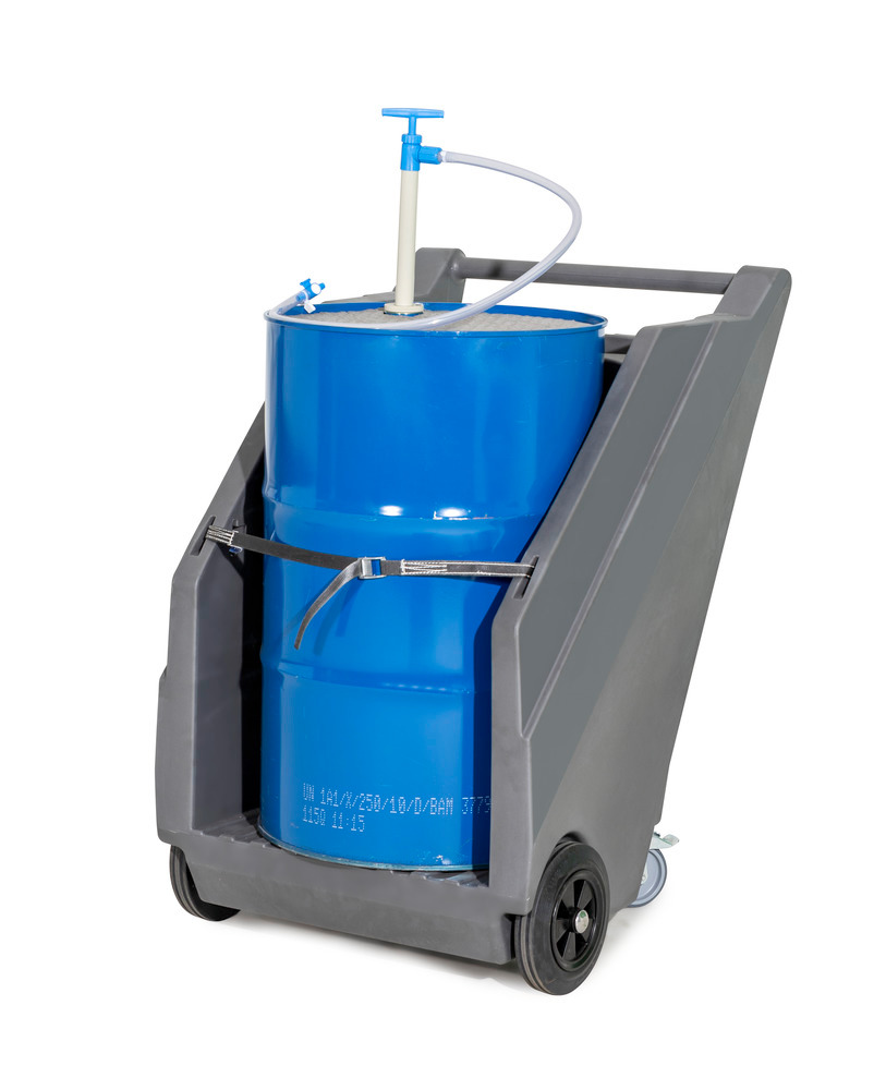 Mobilt pumpsystem för syror/kemikalier, med fatvagn av PE och handpump av PP