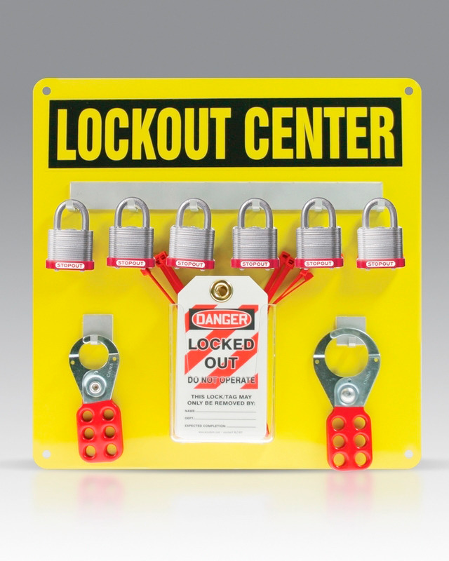Aluminum Hanger Board Lockout Center - 6-Padlock Board with kit - French - 14" x 14" - Yellow - 1