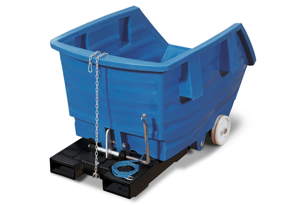 Kippwagen aus Polyethylen (PE), mit Rollen und Gabeltaschen, 300 Liter Volumen, blau - 1