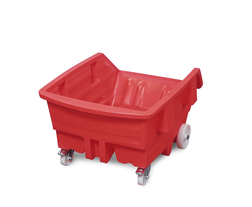 Výklopný vozík z polyethylenu (PE), s kolečky, 1000 l objem, červený - 1