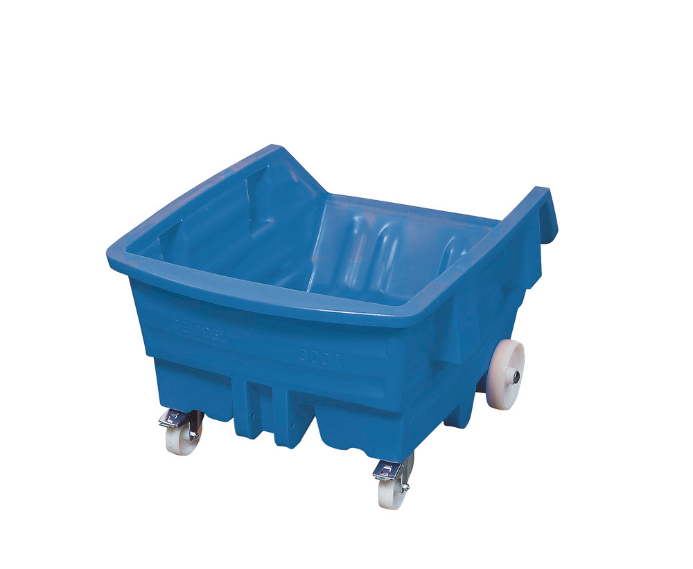Výklopný vozík z polyetylénu (PE), s kolieskami, objem 500 litrov, modrý - 1