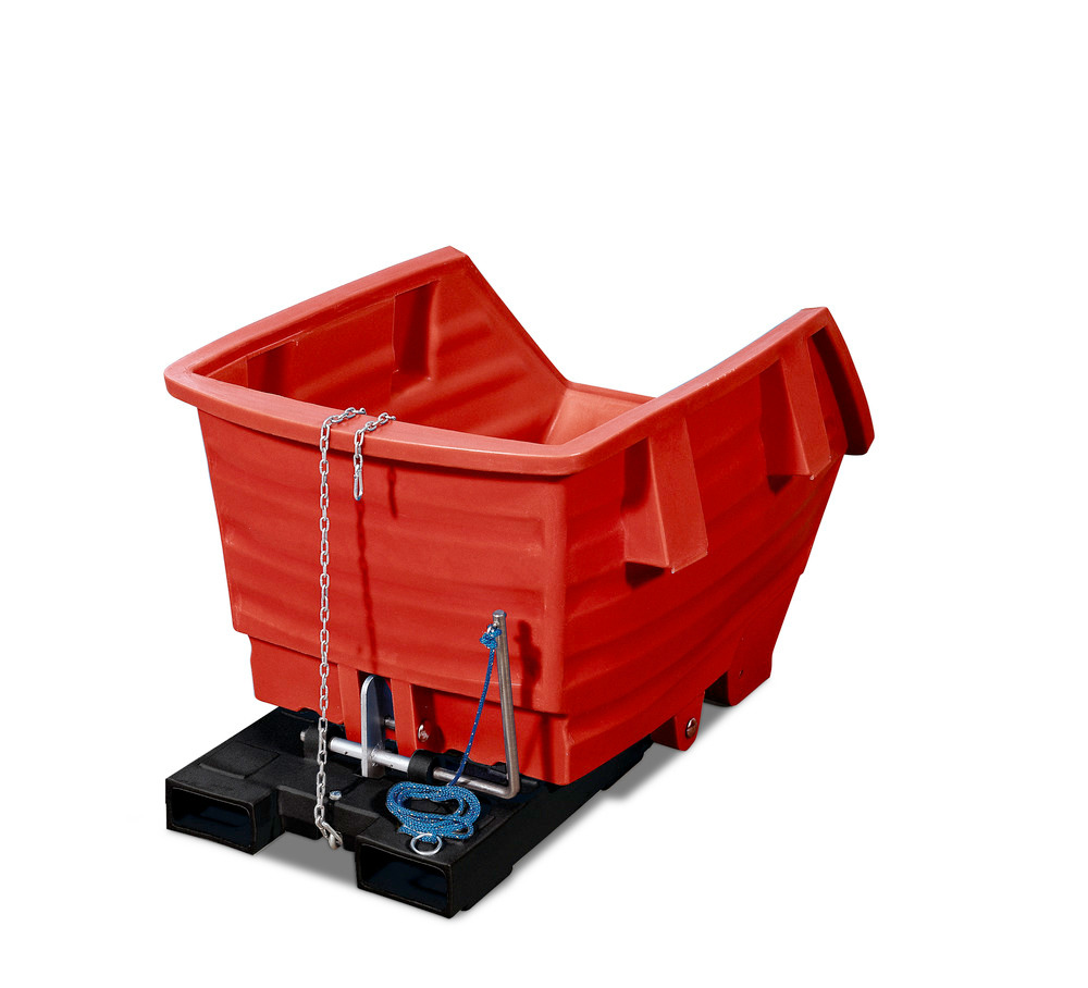 Chariot benne basculant en polyéthylène (PE), avec fourreaux, 750 litres, rouge