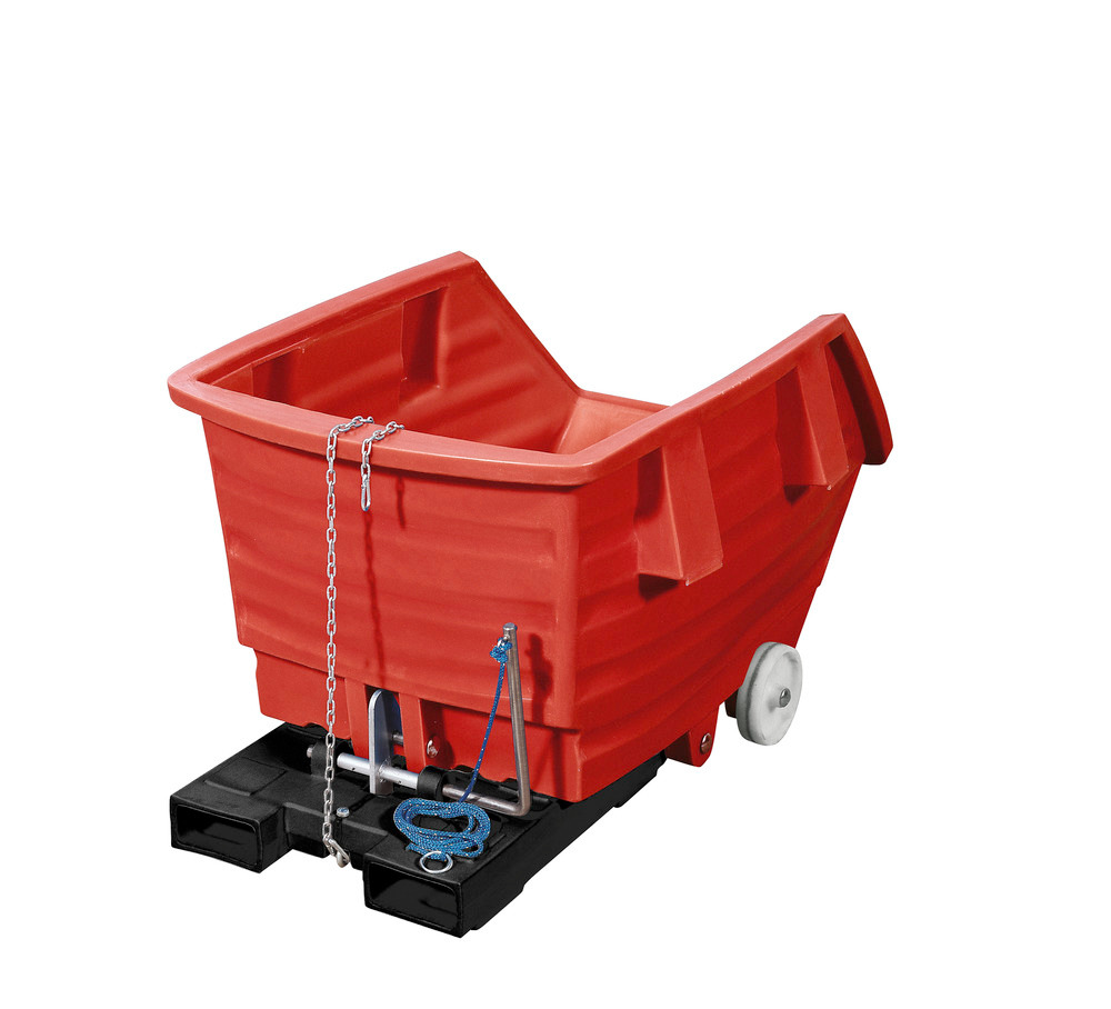 Chariot benne basculant en polyéthylène (PE), avec roulettes et fourreaux, 500 litres, rouge - 1