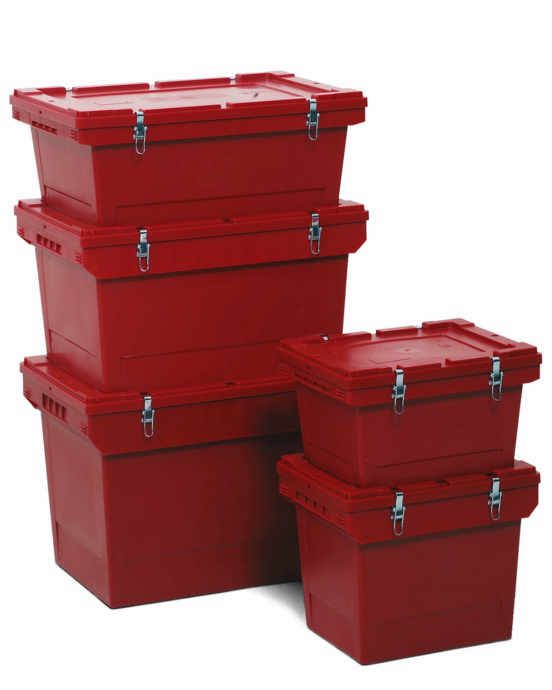 Polypropylene reusable Haz Goods container, 18 ltr, snap-on lid, secure metal fasteners - 1