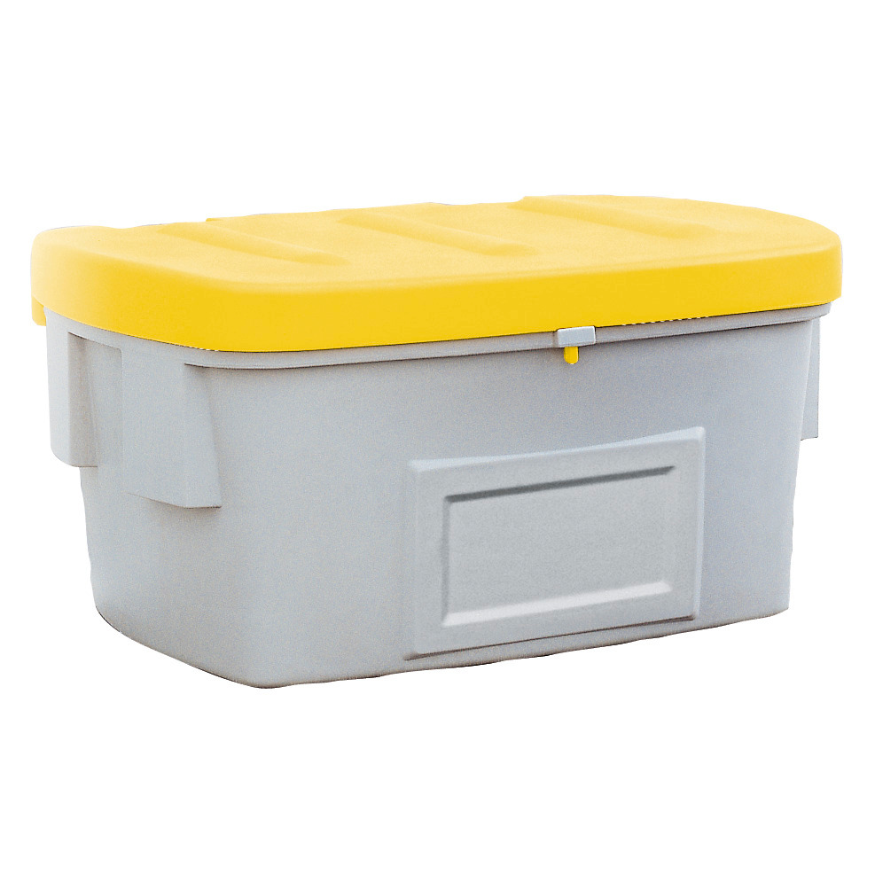 Beholder for sand og strø SB 550 i polyetylen (PE), 550 liters volum, gult lokk