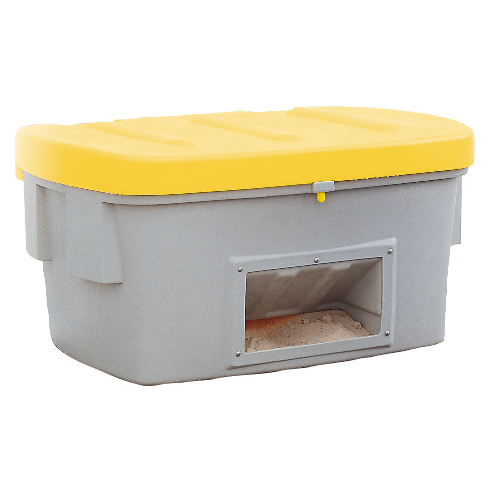 Sandbeholder SB 100-O i polyetylen (PE), 100 liters volum, med uttaksåpning for spade, gult lokk - 1