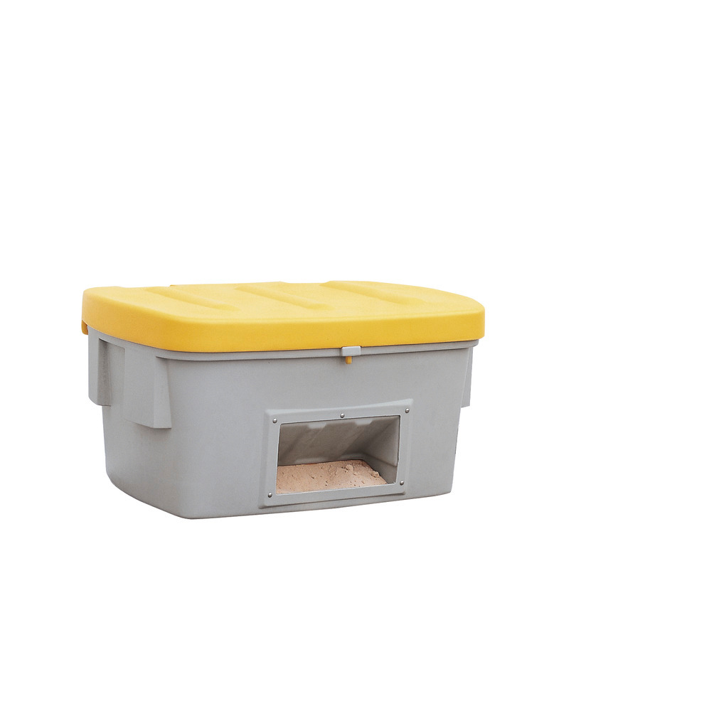 Streugutbehälter SB 200-O aus Polyethylen (PE), 200 Liter Volumen, Entnahmeöffnung, gelber Deckel - 1