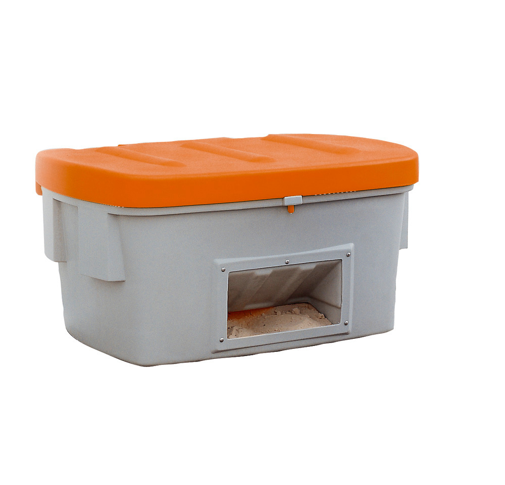 Strooigoedbak SB 550-O van polyethyleen (PE), inhoud 550 liter, uitschepgat, oranje kap