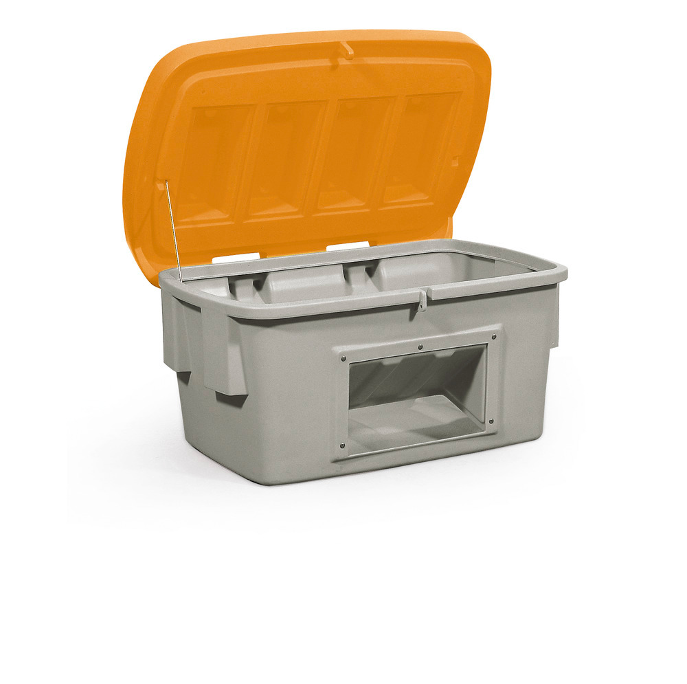 Szóróanyag tároló SB 200-O, polietilénből (PE), 200 literes, kivevő nyílás, narancs fedél - 1