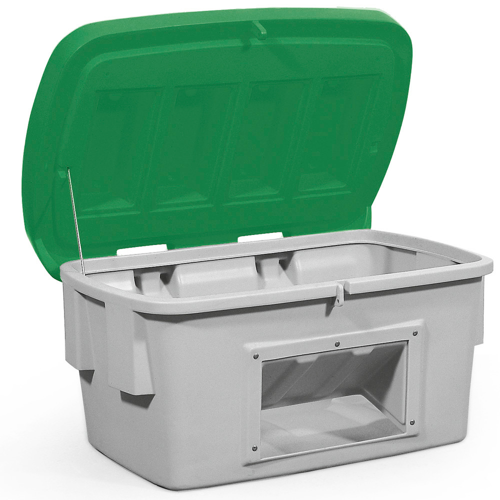 Strooigoedbak SB 200-O van polyethyleen (PE), inhoud 200 liter, uitschepgat, groene kap