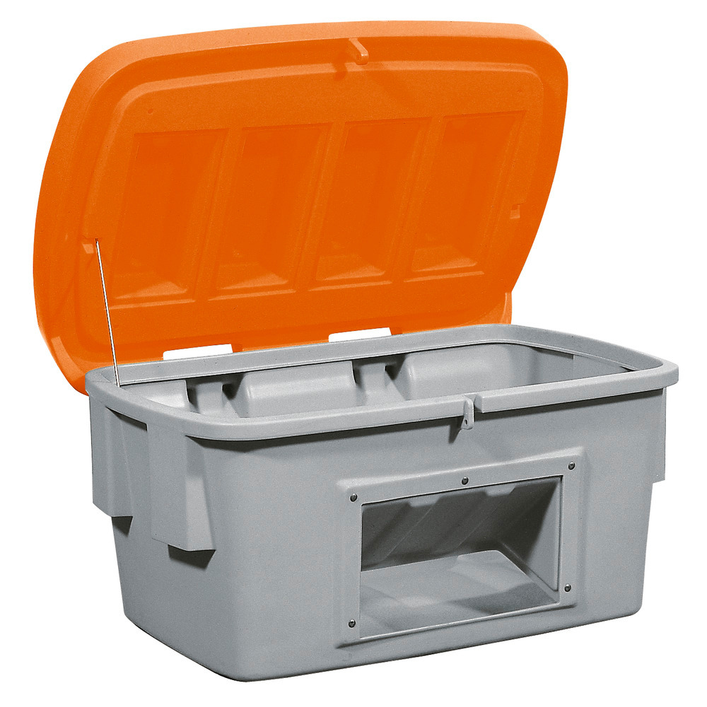 Sandbehållare SB 700-O av polyetylen (PE), volym 700 liter, uttagsöppning, orange lock