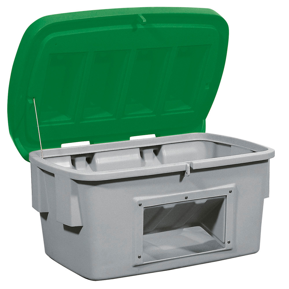 Streugutbehälter SB 700-O aus Polyethylen (PE), 700 Liter Volumen, Entnahmeöffnung, grüner Deckel - 1