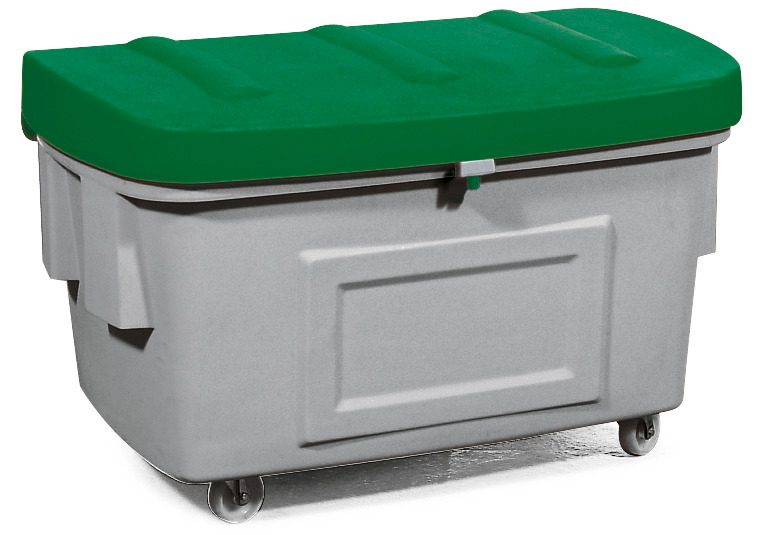 Strooigoedbak SB 400-O van polyethyleen (PE), inhoud 400 liter, uitschepgat, groene kap - 1