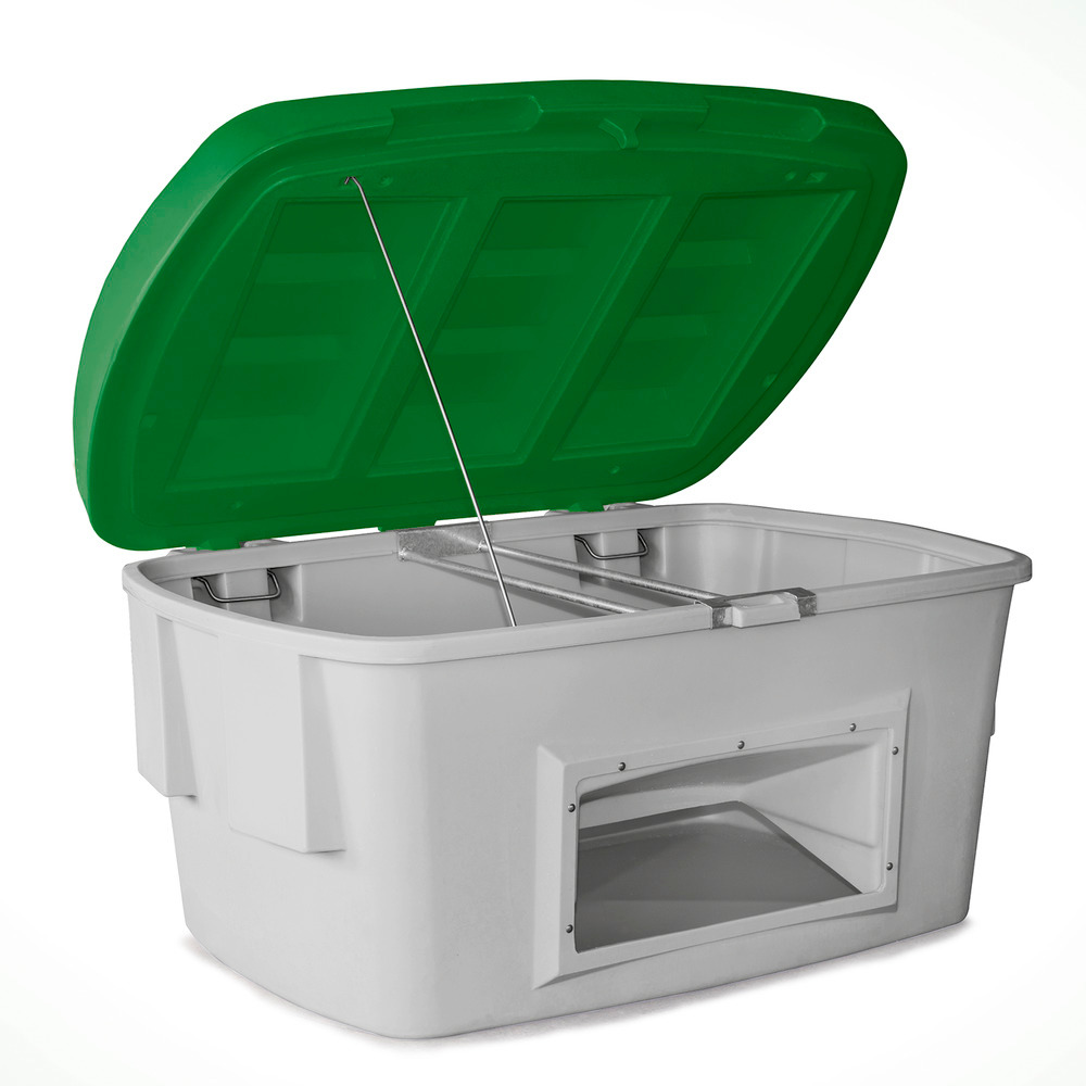 Szóróanyag tároló SB 1000-O, polietilénből (PE), 1000 literes, kivevő nyílás, zöld fedél - 1