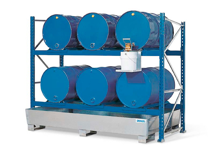 Drum Rack with Spill Containment Sump - 6 Drum Horizontal Capacity - 2 Levels - Galvanized - 1