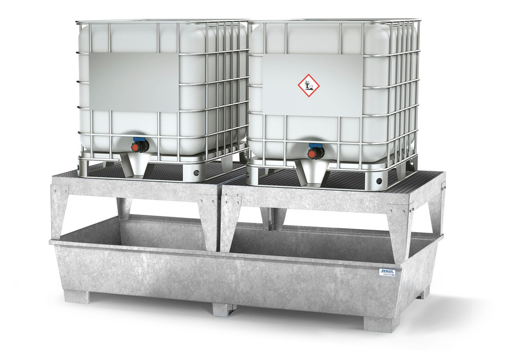 Spill pallet classic-line in steel for 2 IBCs, galvanised, with 2 dispensing platforms - 2