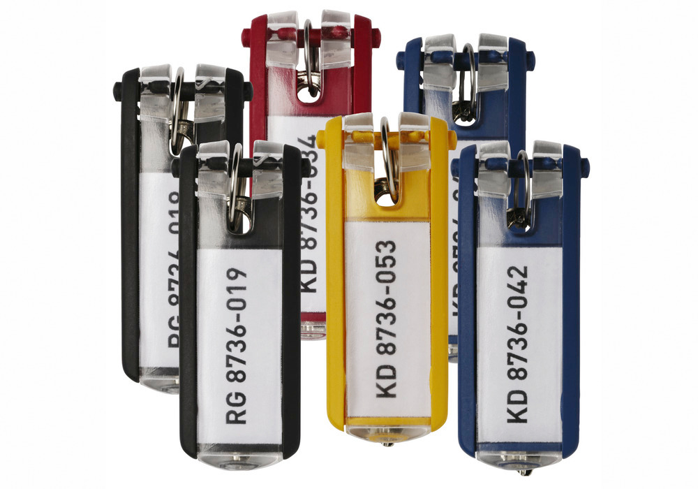 Key tag set, 6 pieces, various colours, 2 x black and blue plus 1 x red and white