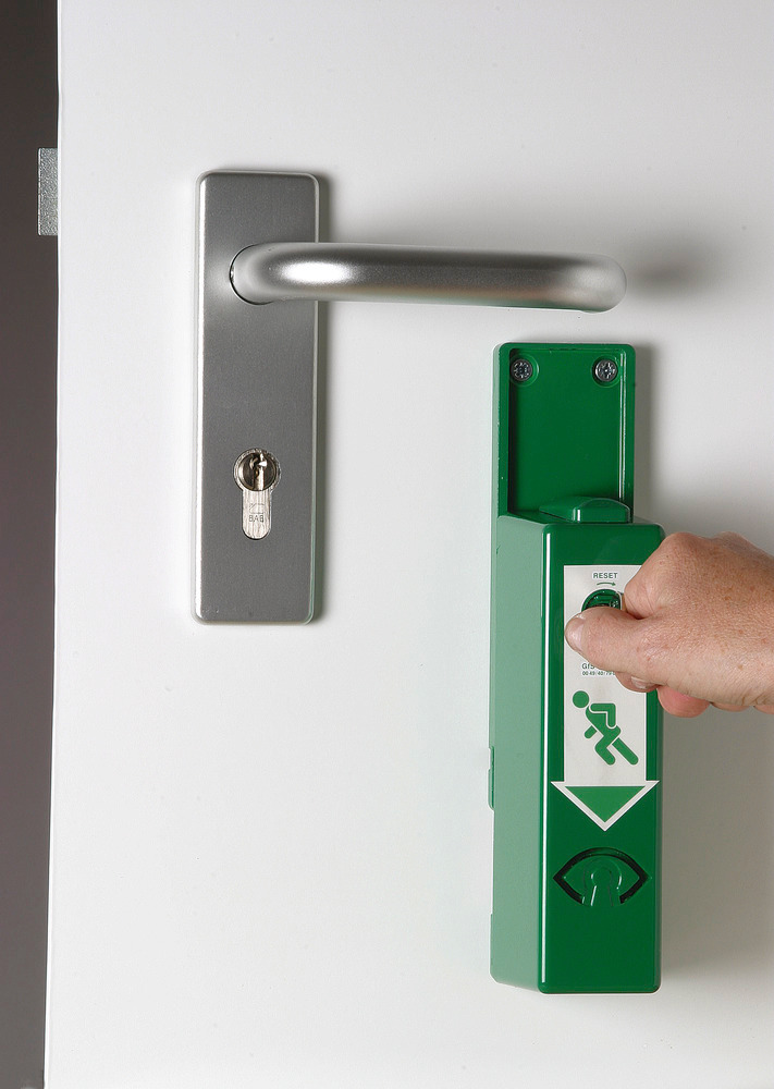 Door guard alarms for panic bars with pre-alarm, one handed operation, colour RAL 6029 - 2