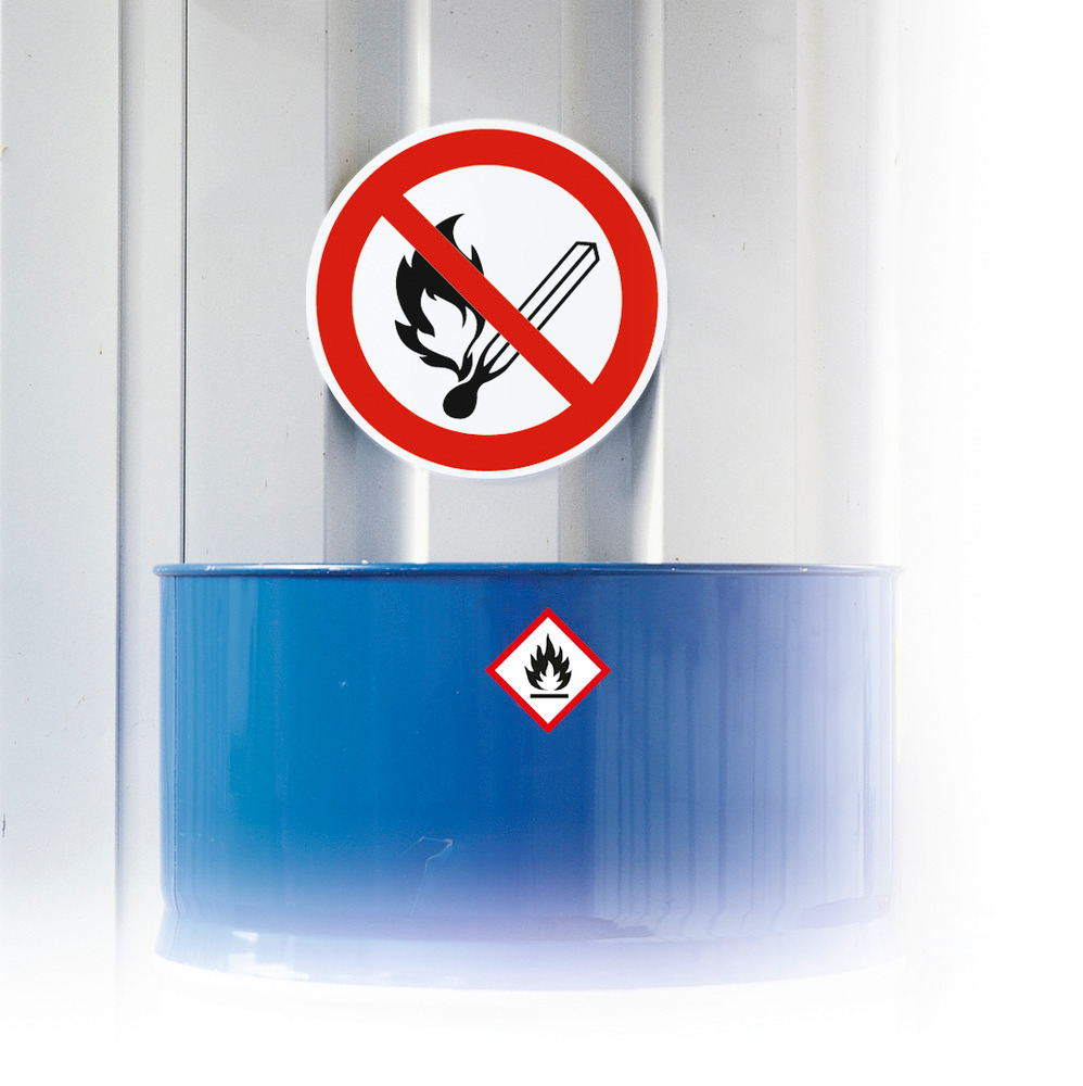 Prohibition sign No fire, naked flames or smoking, ISO 7010, foil, s-adh, 100 mm, Pack = 20 units - 2