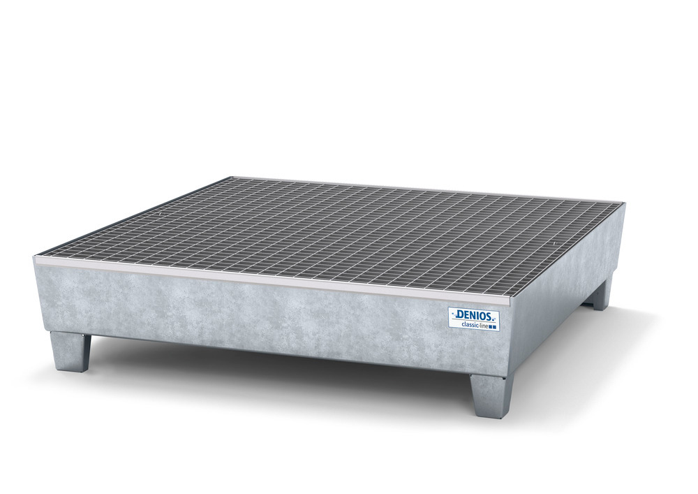 Spill pallet classic-line in steel for 4 drums, galv., access. underneath with grid, 1236x1210x290 - 1