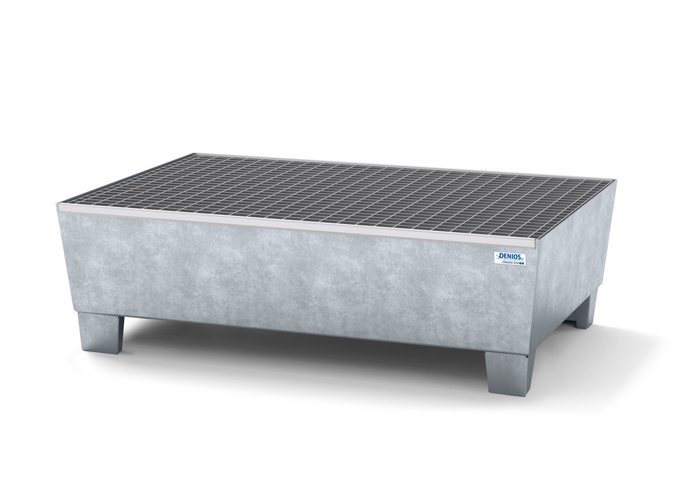 Spill pallet classic-line in steel for 2 drums, galv., access. underneath, with grid, 1236x815x355 - 1