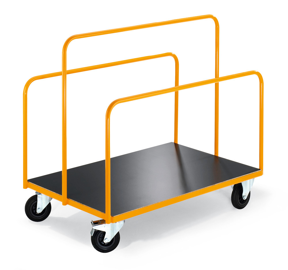 Wózek transportowy do płyt Basic PTW, 1250 x 800 mm, 3 stałe pałąki, ogumienie pełne, żółty