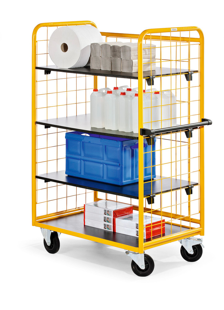 Tiered trolley Basic ETW, 1035x650 mm, 3 mesh sides, 4 levels, solid rubber tyres, handle, yellow - 1