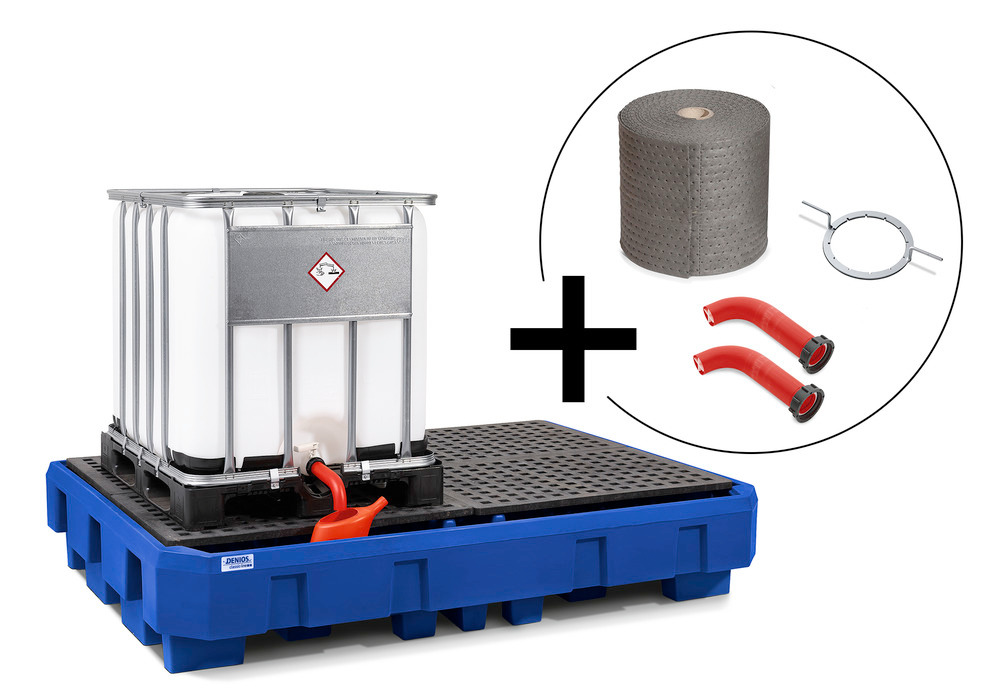 Set of 2 IBC PE spill pallet, 2 outlet extensions, IBC lid opener and absorbent fleece roll - 1