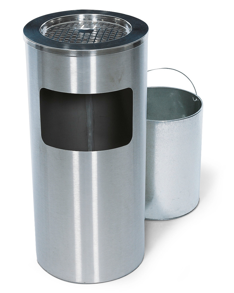 Kombinert askebeger-avfallsbeholder av rustfritt stål, med avtakbart askebeger, 20 liters volum - 1