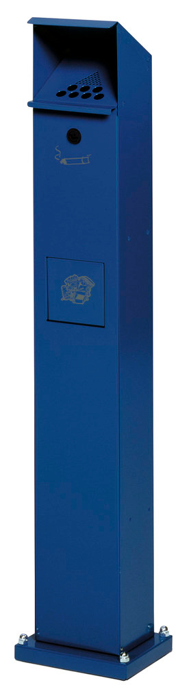 Cendrier poubelle colonne, en tôle acier galvanisé, trappe à clapet auto-fermant, bleu gentiane