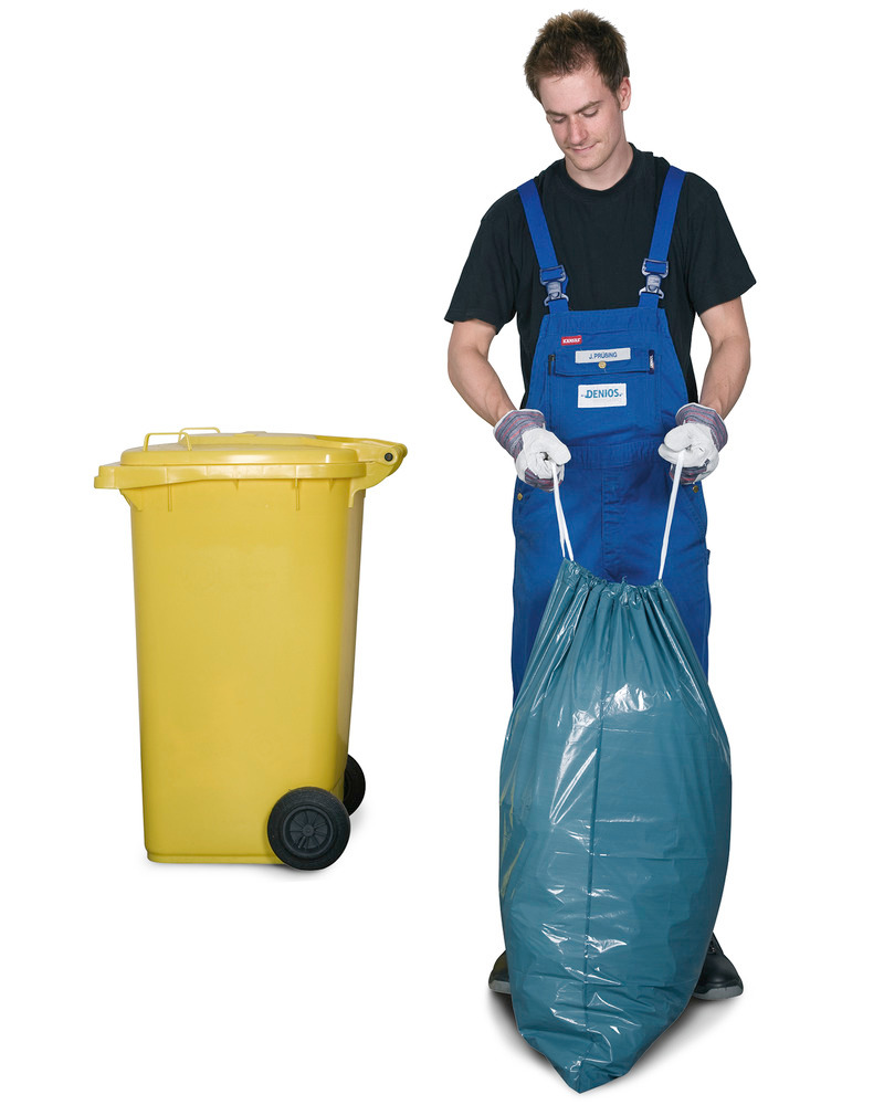 Sacchi in polietilene (PE) per rifiuti, blu, con tirante bianco, da 120 litri, 250 pezzi