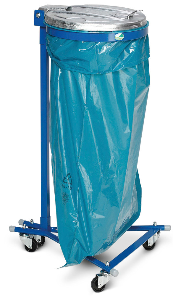 Waste sack holder in steel with 4 castors, powder coated, with steel lid - 1