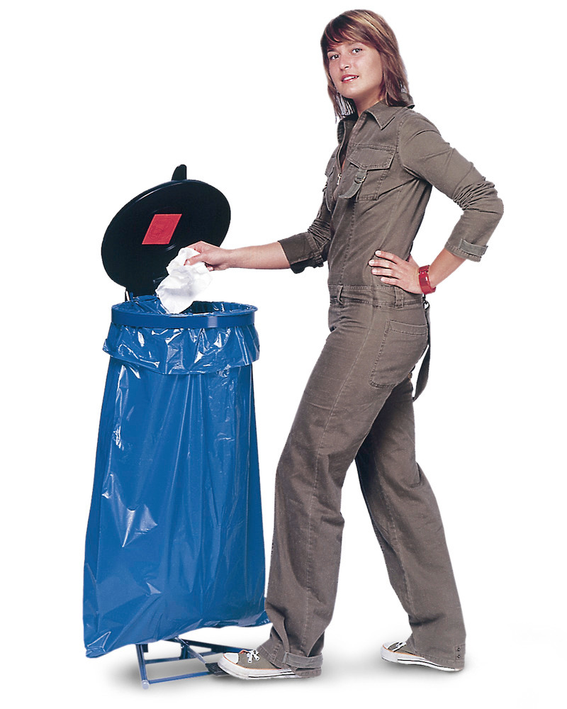 Suporte para sacos do lixo em aço com pedal, lacado em azul, com tampa de plástico preta - 1