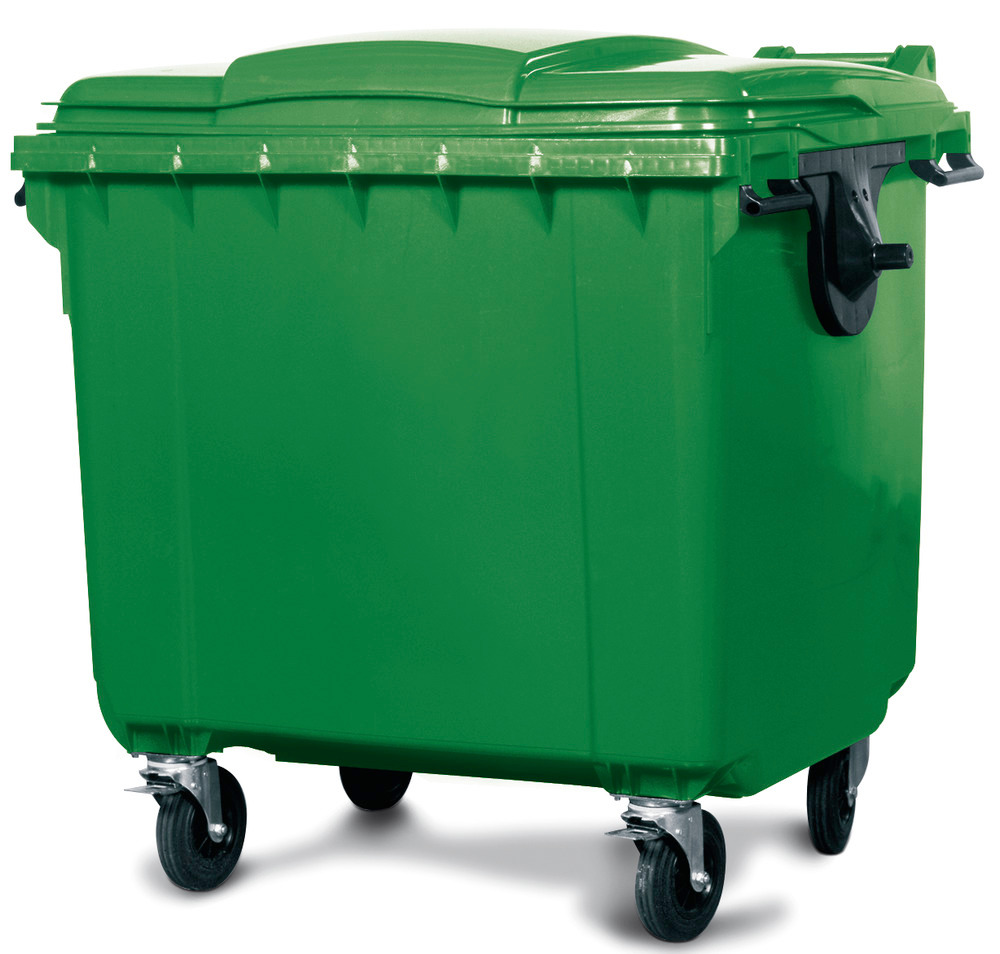 Grote afvalbak van polyethyleen (PE), inhoud 1100 liter, groen - 1