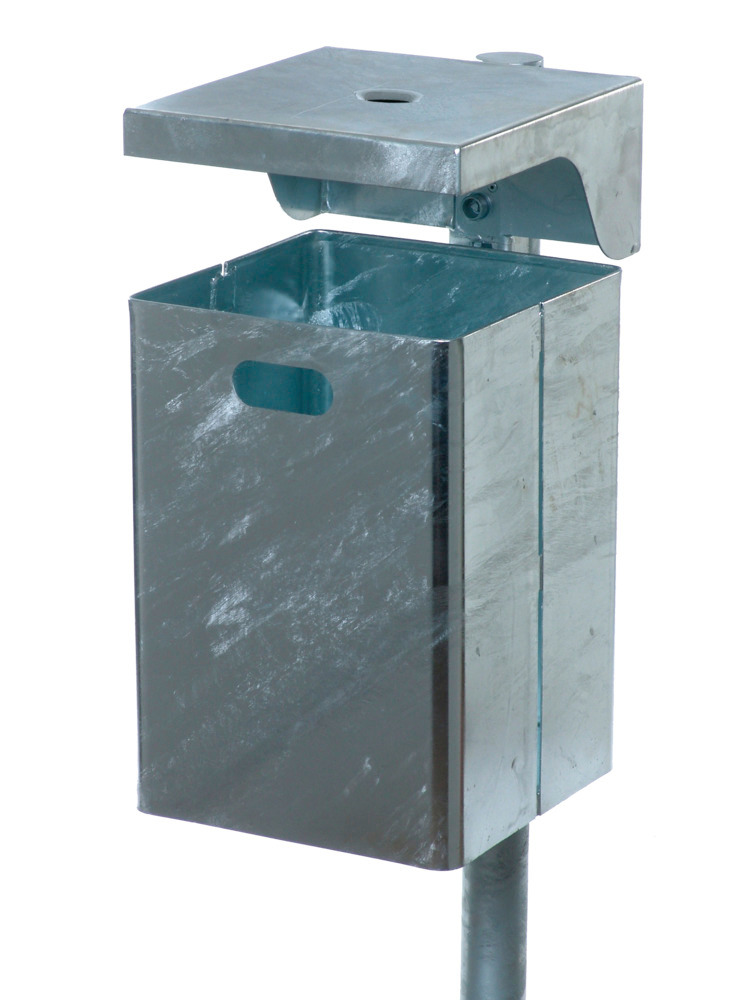 Abfallbehälter aus Stahl, mit Wetterschutzhaube und Ascher, 40 Liter Volumen, verzinkt - 1