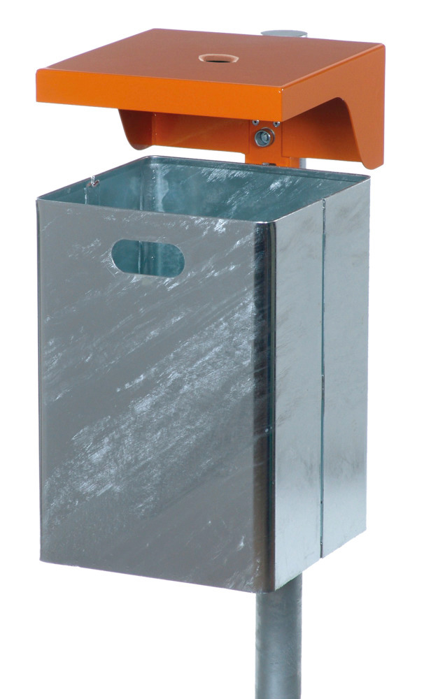 Abfallbehälter aus Stahl, mit Wetterschutzhaube und Ascher, 40 Liter Volumen, orange - 1